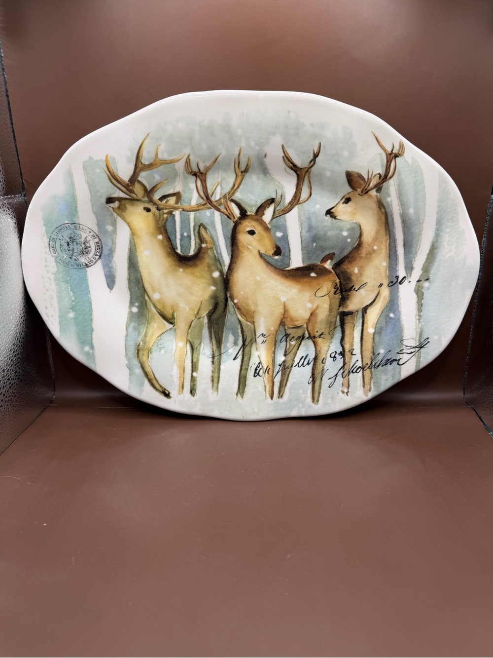 Italian Ceramic Platter Winter Deer Scene 14.5”